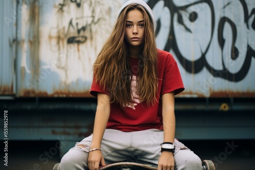 Young woman skater sitting on her skateboard in front of a graffiti wall