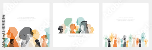Set of silhouettes. Different people together. Hands up.