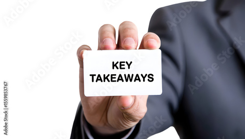 Closeup of a hand holding a white card with the words Key Takeaways in black text against a dark gray suit isolated on a transparent background
