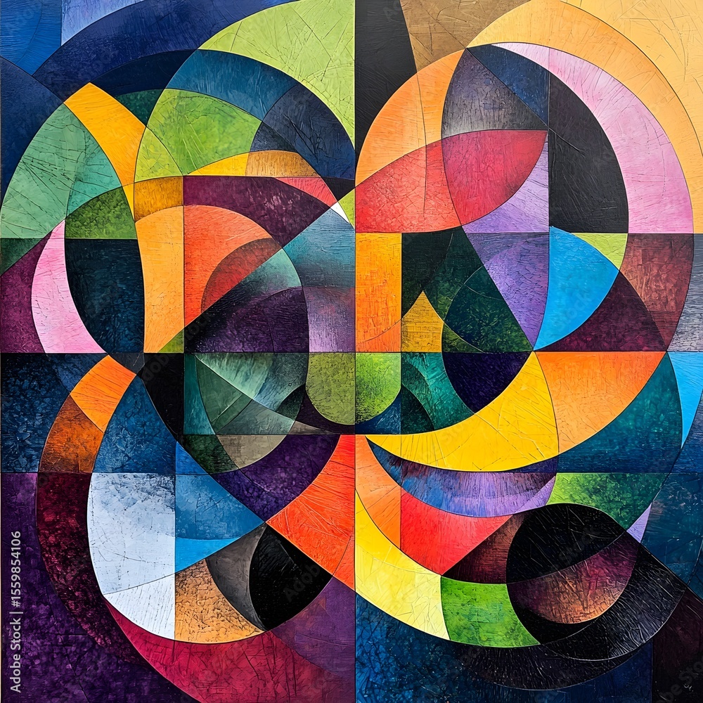 Fototapeta premium Abstract geometric composition vibrant colors intertwined shapes