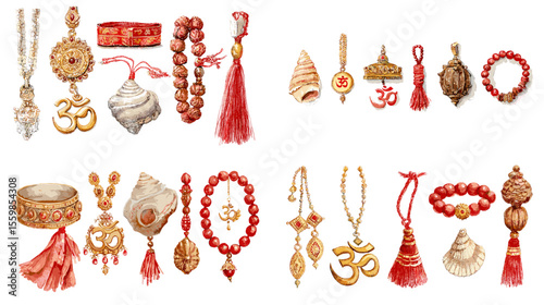 Hindu spiritual ornament illustration featuring Om symbols, prayer beads, shells, and gold accessories in traditional red and gold tones. Perfect for religious and cultural designs.

