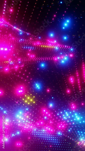 A colorful, neon-lit display of lights and shapes creates a visually striking scene. Vertical looped animation. 3D rendering