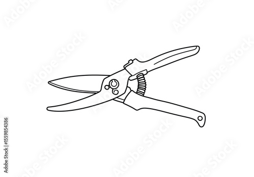 Garden shears drawing. It is a black and white outline image of garden shears, a hand tool used for pruning and cutting plants in gardening. Vector sketch line art draw.
