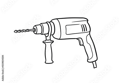 Hand drill drawing. It is a black and white outline image of a hand drill, a power tool used for making holes in various materials. Vector sketch line art draw.