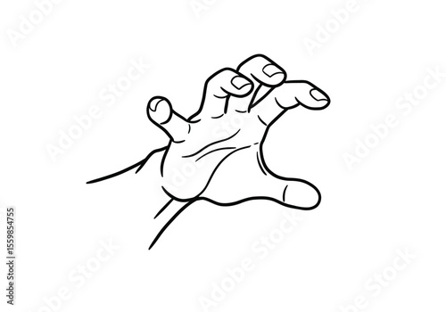 Grabbing hand drawing. It is a black and white outline image of a hand in a grabbing or clawing gesture, suggesting an attempt to seize or hold something. Vector sketch line art draw.
