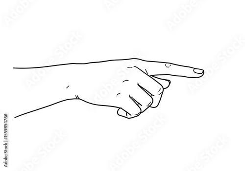Hand pointing drawing. It is a black and white outline image of a hand pointing with its index finger, a common gesture for indicating direction or emphasis. Vector sketch line art draw.