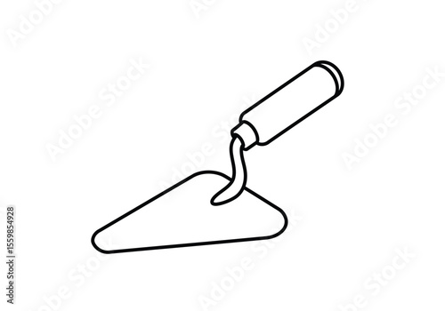 Hand trowel drawing. It is a black and white outline image of a hand trowel, a small, pointed shovel used for digging and planting in gardening. Vector sketch line art draw.
