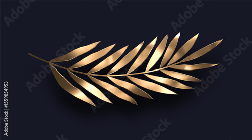 Metallic golden branch. Palm branch on dark background. Vector illustration.