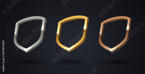 Set of rank shield emblems - gold, silver, bronze. First place, second place and third place signs. Vector illustration.