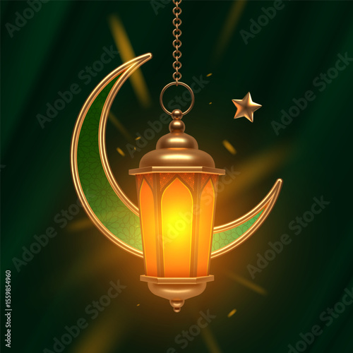 Ramadan Kareem vector illustration. Ramadan greeting card with golden Islamic lantern and crescent 