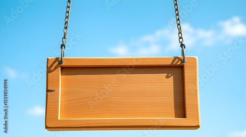 Wooden signboard hanging against blue sky