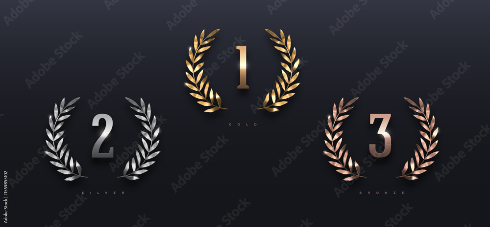 Fototapeta premium Set of rank emblems - golden, silver and bronze laurel wreath. First place, second place and third place signs with branches. Winner award and achievement heraldry symbol. Vector illustration.