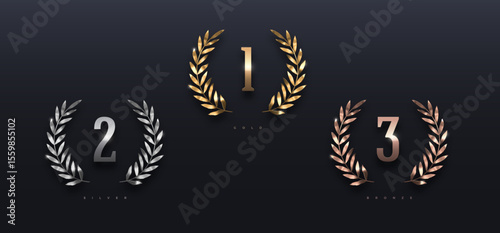 Set of rank emblems - golden, silver and bronze laurel wreath. First place, second place and third place signs with branches. Winner award and achievement heraldry symbol. Vector illustration.