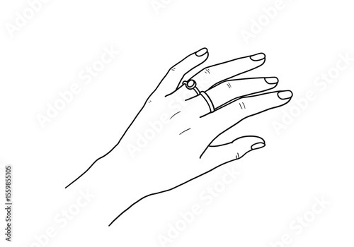 Hand with ring drawing. It is a black and white outline image of a hand wearing a ring, symbolizing engagement, marriage, jewelry, or accessory. Vector sketch line art draw.