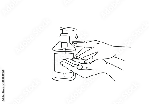 Hand sanitizing drawing. It is a black and white outline image of hands being sanitized with a pump bottle, symbolizing hygiene and cleanliness. Vector sketch line art draw.