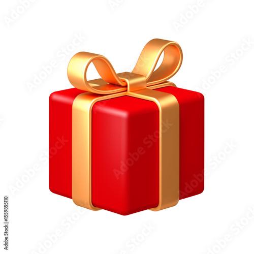 Red gift box with golden bow ribbon isolated on white background. 3d render holiday decorations. Vector illustration. Design elements.