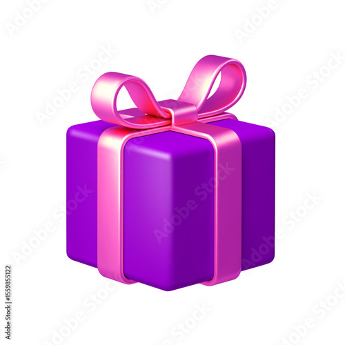 Purple gift box with pink bow ribbon isolated on white background. 3d render holiday decorations. Vector illustration. Design elements.