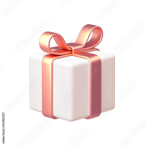 White gift box with rose gold bow ribbon isolated on white background. 3d render holiday decorations. Vector illustration. Design elements.