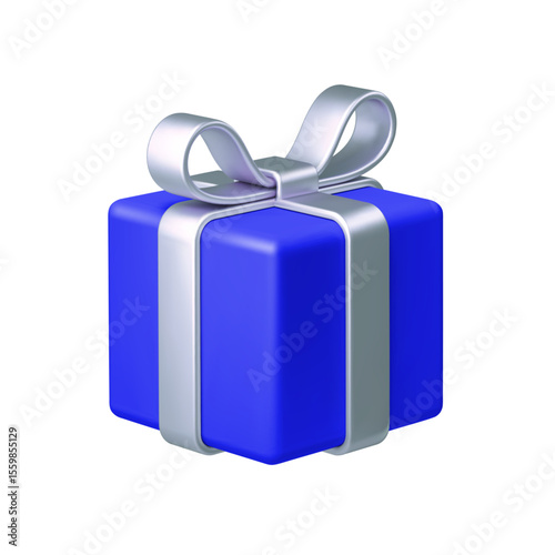 Blue gift box with silver bow ribbon isolated on white background. 3d render holiday decorations. Vector illustration. Design elements.