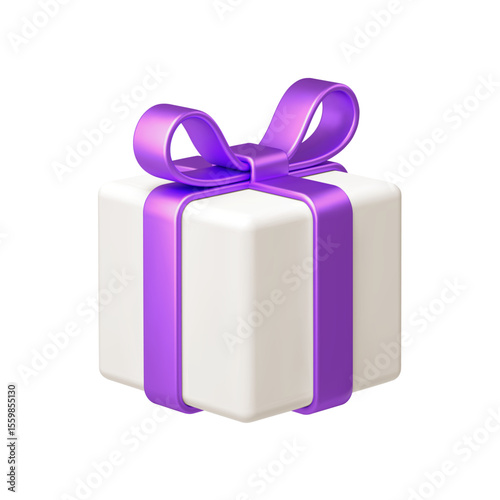 White gift box with purple bow ribbon isolated on white background. 3d render holiday decorations. Vector illustration. Design elements.