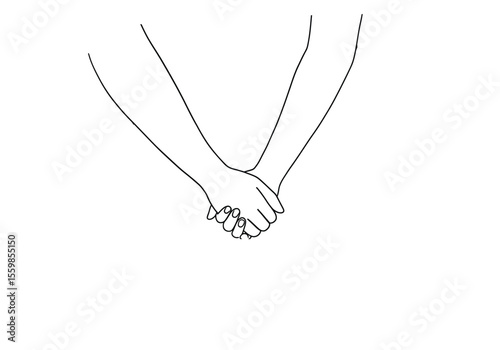 Holding hands drawing. It is a black and white outline image of two hands clasped together, symbolizing connection, love, friendship, or support. Vector sketch line art draw.