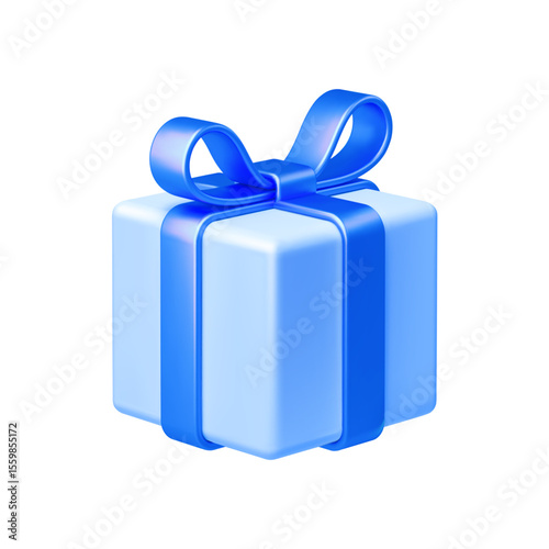 Light blue gift box with blue bow ribbon isolated on white background. 3d render holiday decorations. Vector illustration. Design elements.