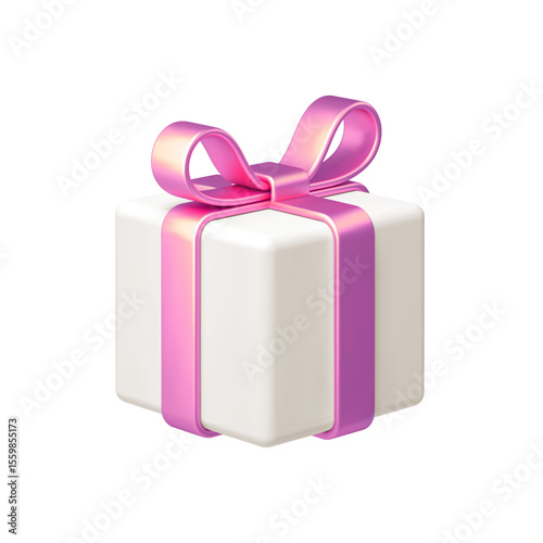 White gift box with pink bow ribbon isolated on white background. 3d render holiday decorations. Vector illustration. Design elements.