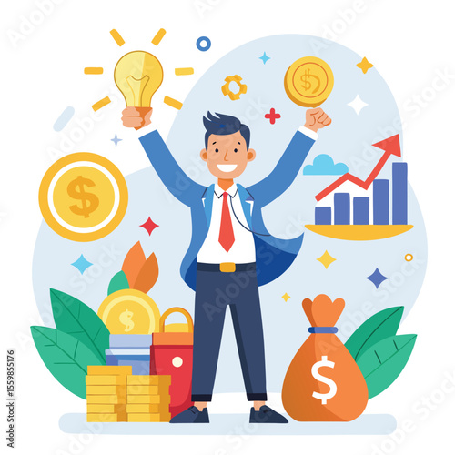 Cartoon vector illustration of a business person with money, symbolizing success and a bright idea in the city