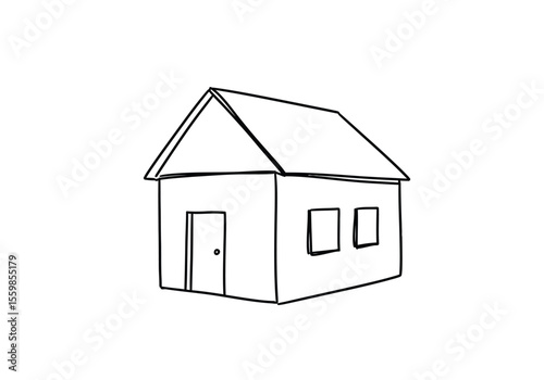 House hand drawing. It is a black and white outline image of a simple house, featuring a peaked roof, a door, and two windows. Vector sketch line art draw.