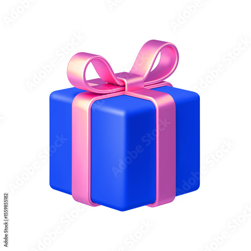 Blue gift box with pink bow ribbon isolated on white background. 3d render holiday decorations. Vector illustration. Design elements.