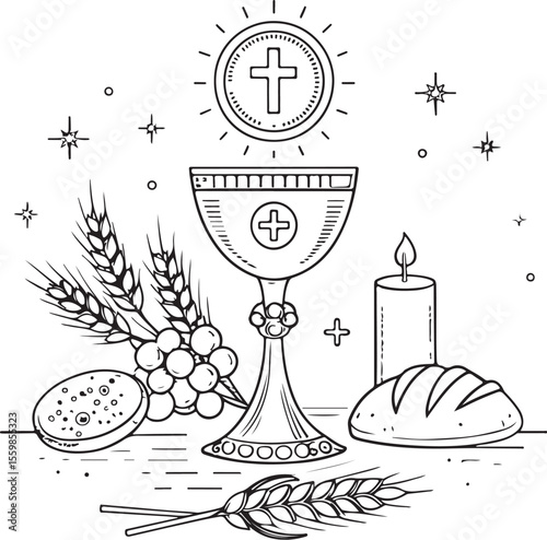 Holy Communion Vector Illustration, Sketch Drawing Line Linear Symbol Icon Engraving Coloring Book, Hand-drawn Black and White Isolated