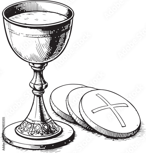 Holy Communion Vector Illustration, Sketch Drawing Line Linear Symbol Icon Engraving Coloring Book, Hand-drawn Black and White Isolated