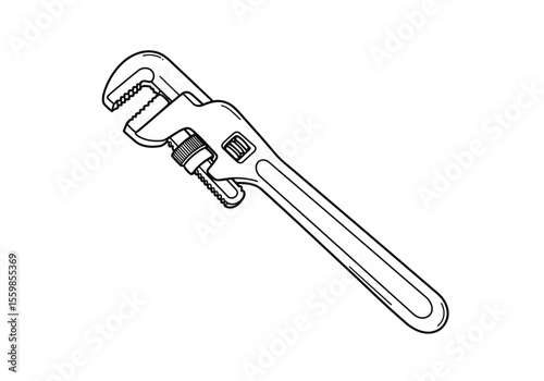 Pipe wrench drawing. It is a black and white outline image of a pipe wrench, a heavy-duty adjustable tool used for turning and gripping pipes or fittings. Vector sketch line art draw.