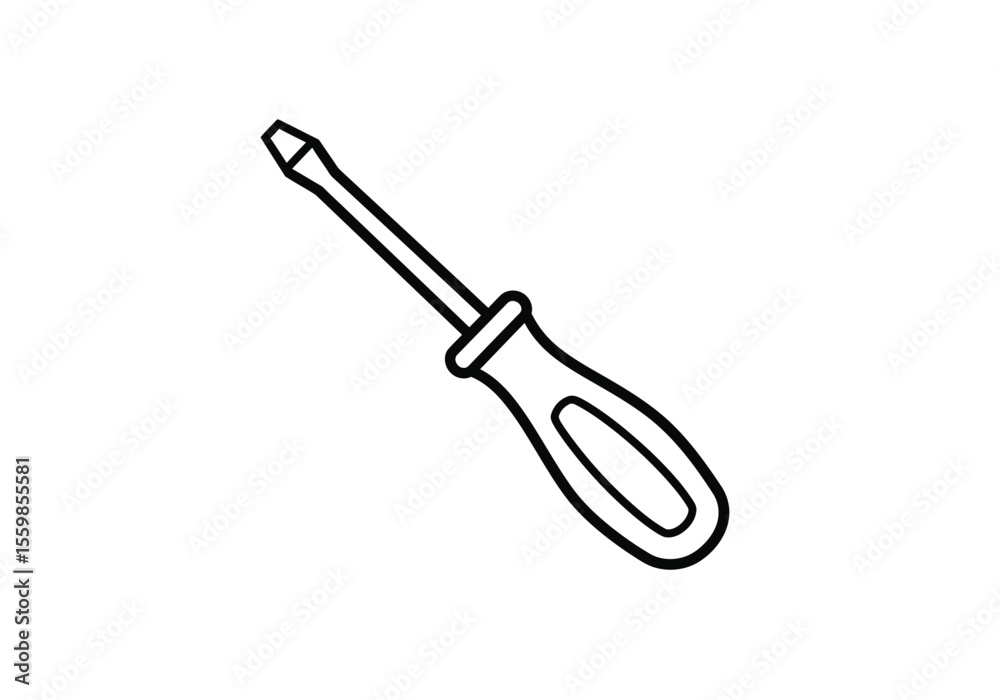 Slotted screwdriver drawing. It is a black and white outline image of a slotted screwdriver, a common hand tool with a flat-blade tip used for turning slotted screws. Vector sketch line art draw. Slotted screwdriver drawing. It is a black and white outline image of a slotted screwdriver, a common hand tool with a flat-blade tip used for turning slotted screws. Vector sketch line art draw.