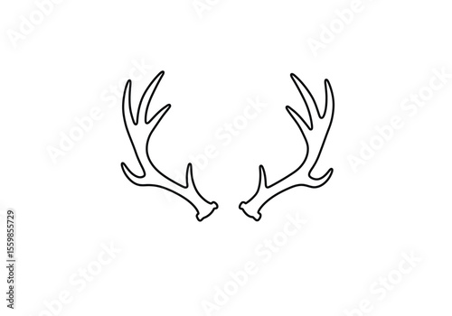 Antler drawing. It is a black and white outline image of a pair of antlers, bony outgrowths found on the heads of deer and other cervids. Vector sketch line art draw.
