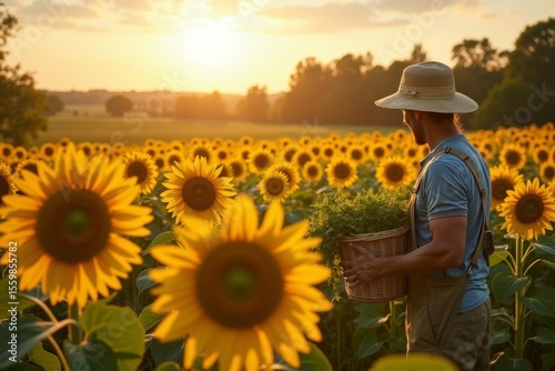 Bountiful Harvest: A farmer tending to sun-soaked sunflower fields, cultivating organic crops and preserving the land through sustainable agriculture. Sunny garden grows abundant crops.