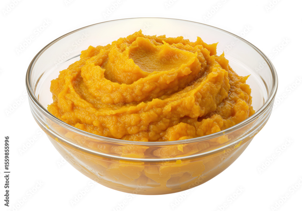 Delicious pumpkin puree in glass bowl isolated on transparent background Delicious pumpkin puree in glass bowl isolated on transparent background