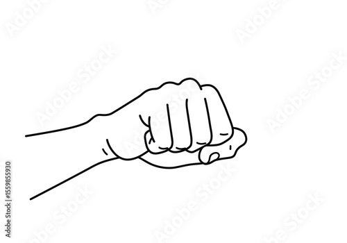 Close hand drawing. It is a black and white outline image of a closed hand, forming a fist, symbolizing strength, resolve, or a punch. Vector sketch line art draw.