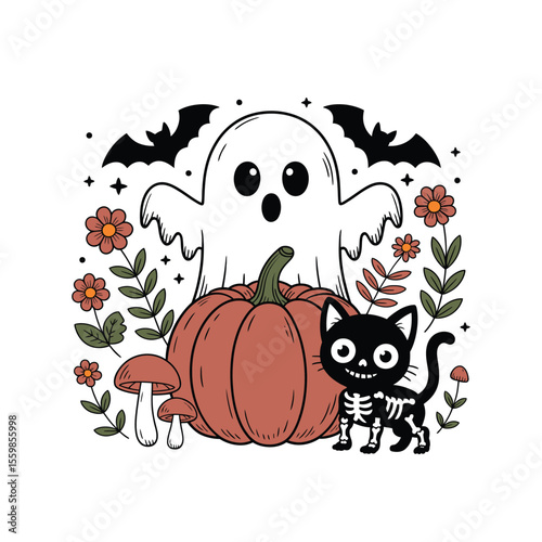 Spooky ghost pumpkin black cat bats flowers mushrooms halloween skeleton cat