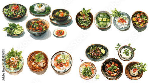 Fresh healthy food illustration featuring colorful salads, vegetables, herbs, and bowls of noodles. Ideal for nutrition, wellness, and plant-based culinary visuals.

