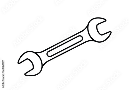Wrench tool drawing. It is a black and white outline image of an open-end wrench, a common hand tool used for tightening or loosening nuts and bolts. Vector sketch line art draw.