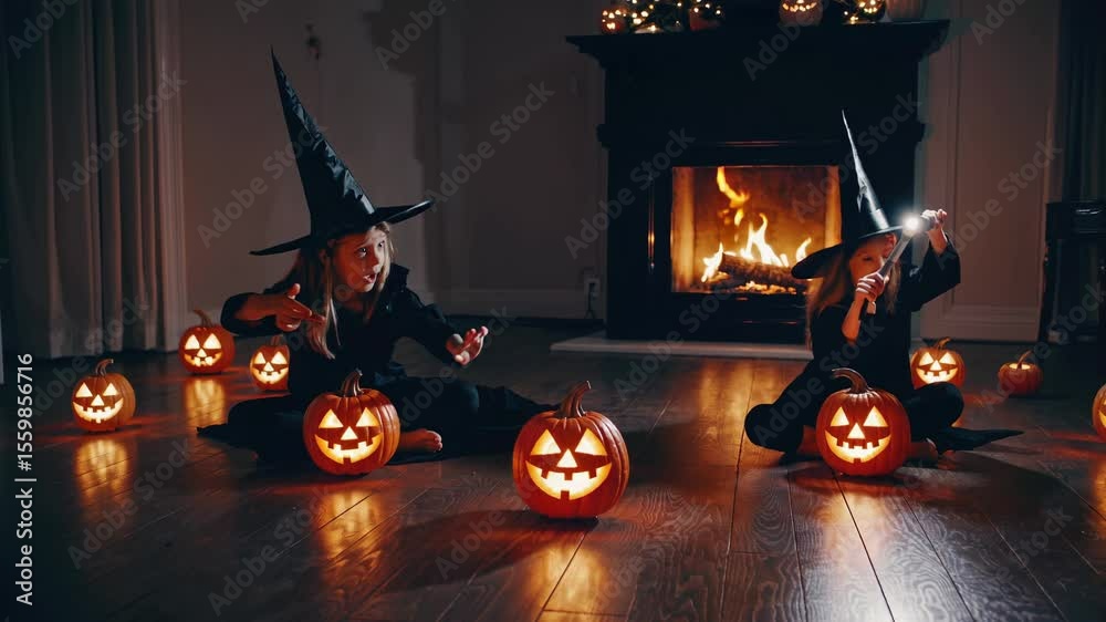Two young girls, dressed as witches with pointed hats, are sitting on the floor amidst illuminated pumpkins, creating a shadow play with a flashlight in a room with a fireplace