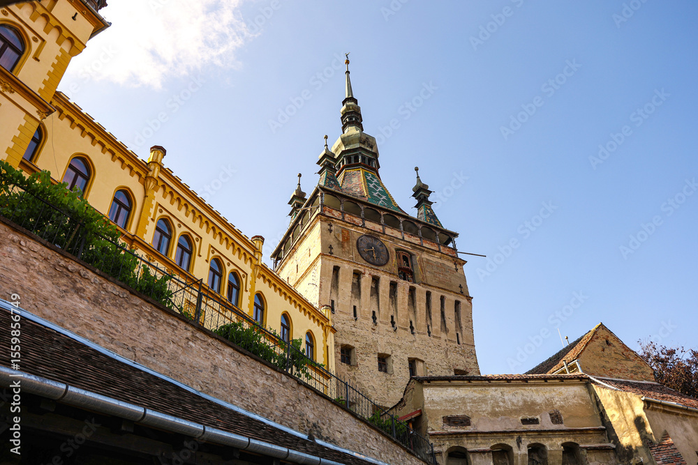 Obraz premium Famous Clock Tower in Historic Sighisoara, Mures County, Romania – Medieval Landmark and Cultural Heritage
