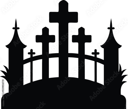 Silhouette of Gothic Cemetery Crosses and Gates Halloween Decoration
