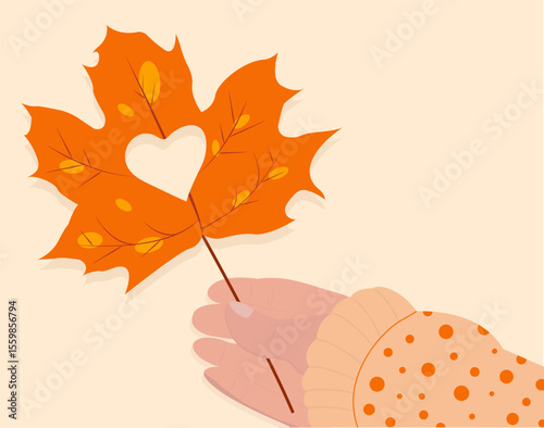 Autumn clipart of maple leaf with heart shape in hand – vector design