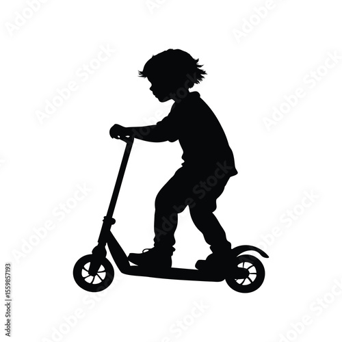 Silhouette of a child riding scooter, isolated on white, in simplistic design