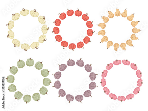 Pumpkin circle frame. Border of colorful autumn pumpkins. Vector flat isolated on white background. For packaging, food design. Space for text.