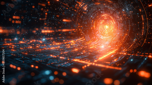 Futuristic digital tunnel with glowing lights and abstract patterns creates mesmerizing effect
