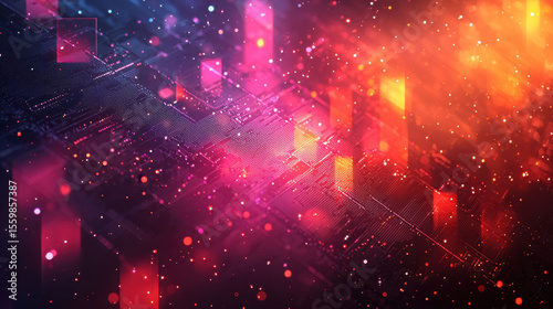 Vibrant abstract background with geometric shapes and glowing particles creating dynamic