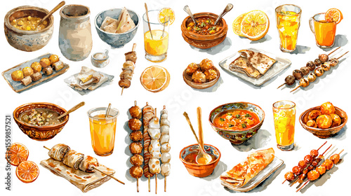 Asian street food illustration with grilled skewers, sauces, fried snacks, and citrus drinks in watercolor style. Great for culinary, culture, and food festival visuals.

